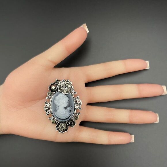 Silver with Gray and Black Onyx Crystal Lady Cameo Flower Pin Back Brooch - Picture 7 of 7